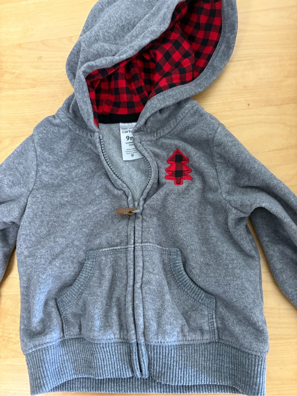 Carter's Gray Zip-Up Hoodie with Red Plaid Hood Lining